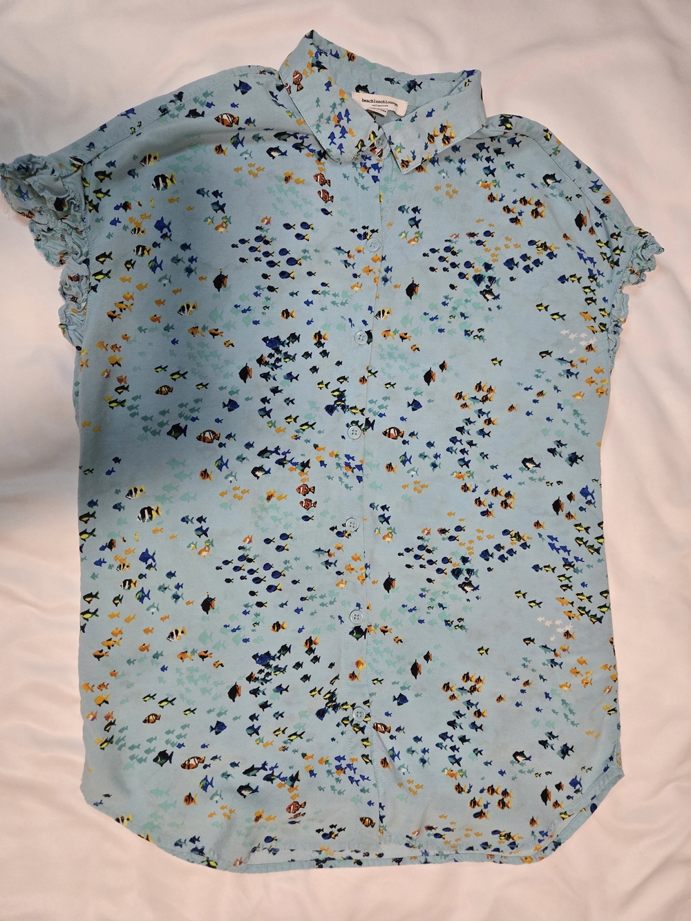 beachlunchlounge Pale Blue Short Sleeve Fish-Print Button Down Top